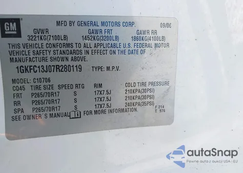 2007 GMC Yukon Slt z USA, uszkodzony, nr VIN 1GKFC13J07R280119